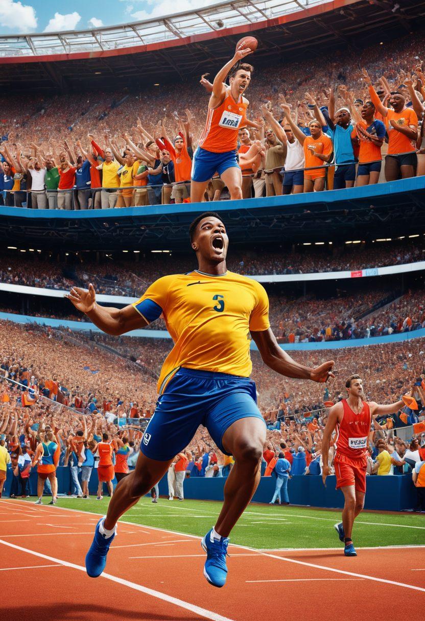 A dynamic collage featuring an athlete in mid-action, a journalist interviewing a coach, and a sports commentator with a mic, all set against the backdrop of a stadium filled with cheering fans. Blend elements of various sports like football, basketball, and track and field. vibrant colors. super-realistic.