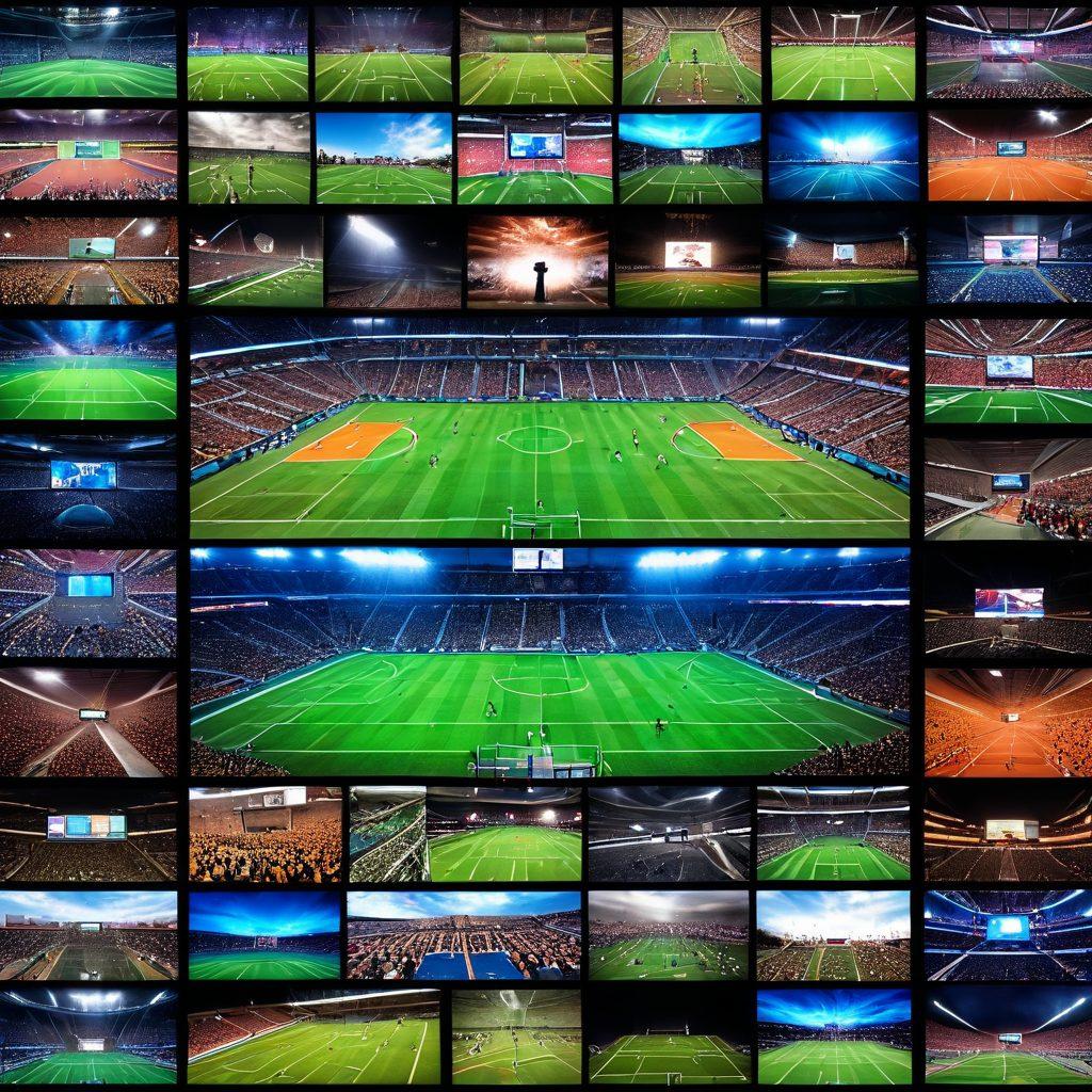A dynamic collage of various sports scenes, including football, basketball, soccer, and tennis, with live-score updates and highlights streaming on floating digital panels. Background should have an energized stadium atmosphere with cheering crowds and flashing lights. Vivid and action-packed imagery to convey real-time updates. super-realistic. vibrant colors.
