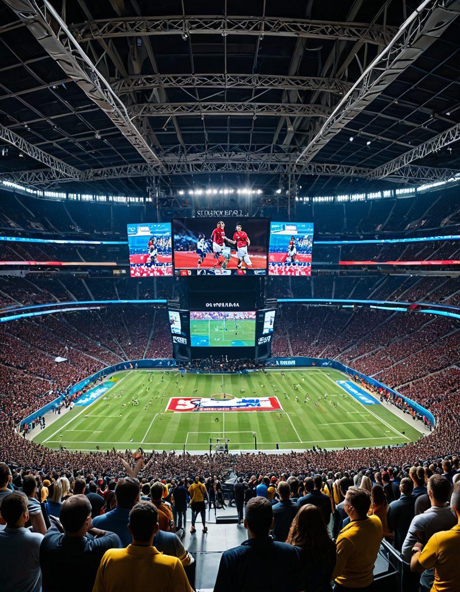 A dynamic sports stadium filled with cheering fans, multiple scoreboards showing real-time game highlights, and journalists frantically typing on laptops. In the background, large monitors display various sporting events. Super-realistic. Vibrant colors.